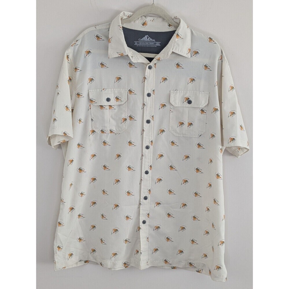 Croft & Barrow Men's Short Sleeved Vented Gone Fishin' Shirt Irvory Quick Dry XL